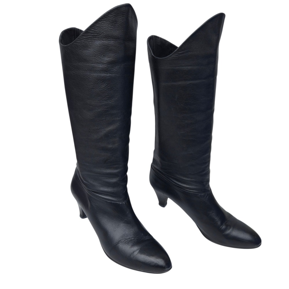 Cobbies Tall Leather Boots Women 7.5 M Black Pointed Toe Kitten Heel Vintage 80s